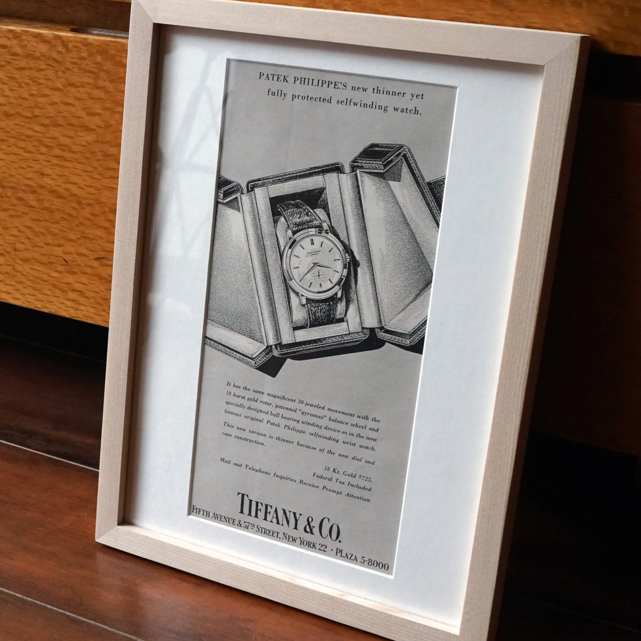 1950s PATEK PHILIPPE TIFFANY REF.2552 VINTAGE AD PRINT WOOD FRAME