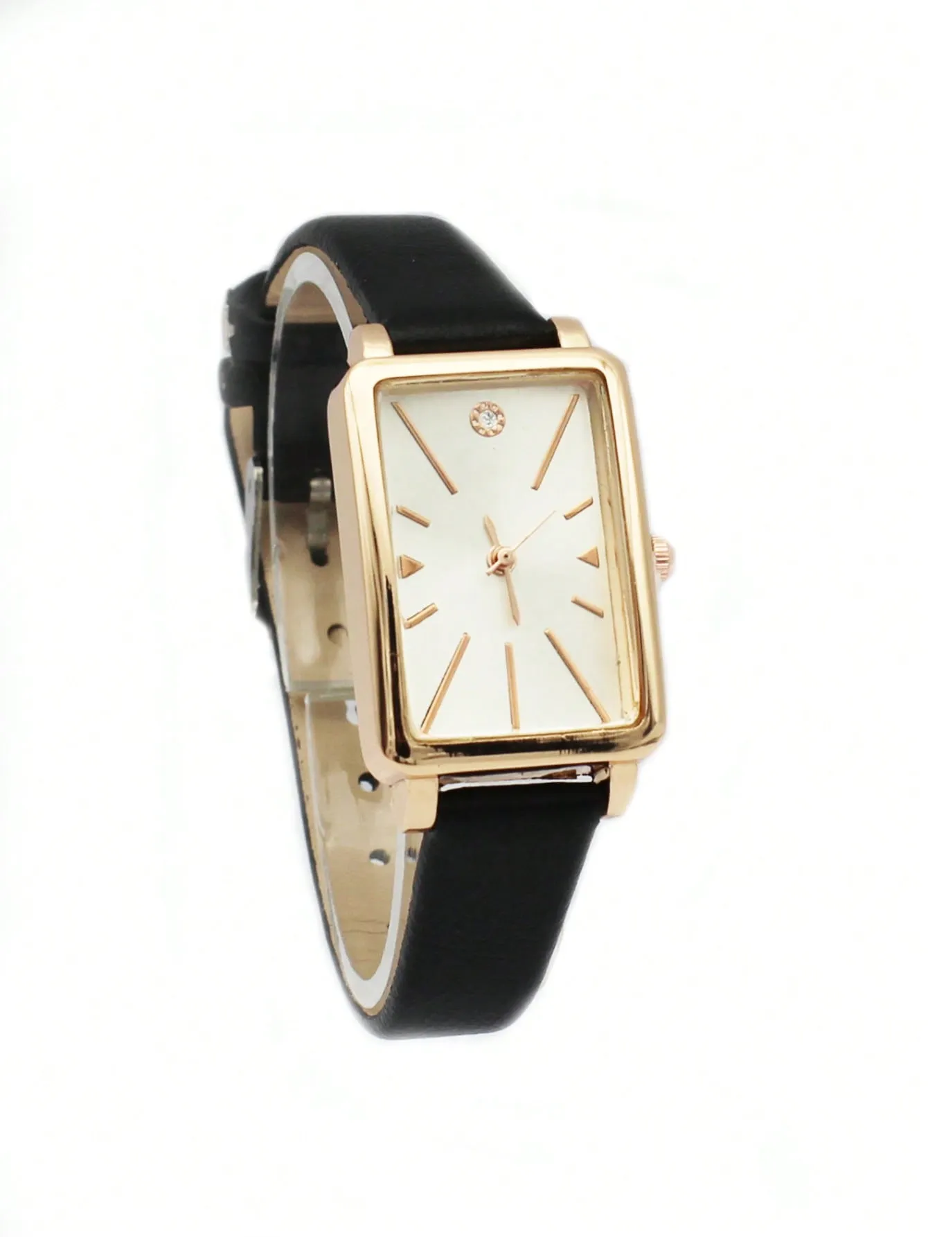 1pc Black PU Polyurethane Strap Rhinestone Decor Square Dial Quartz Watch
