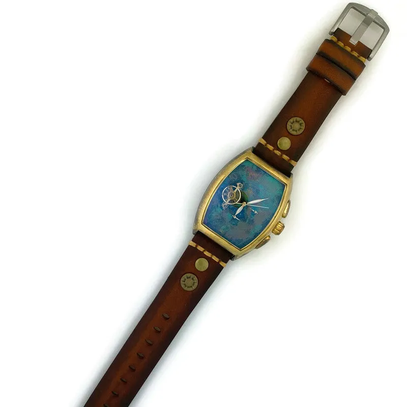 Moon Automatic Mechanical Watch,Multicolor Dial with Brown Leather Band