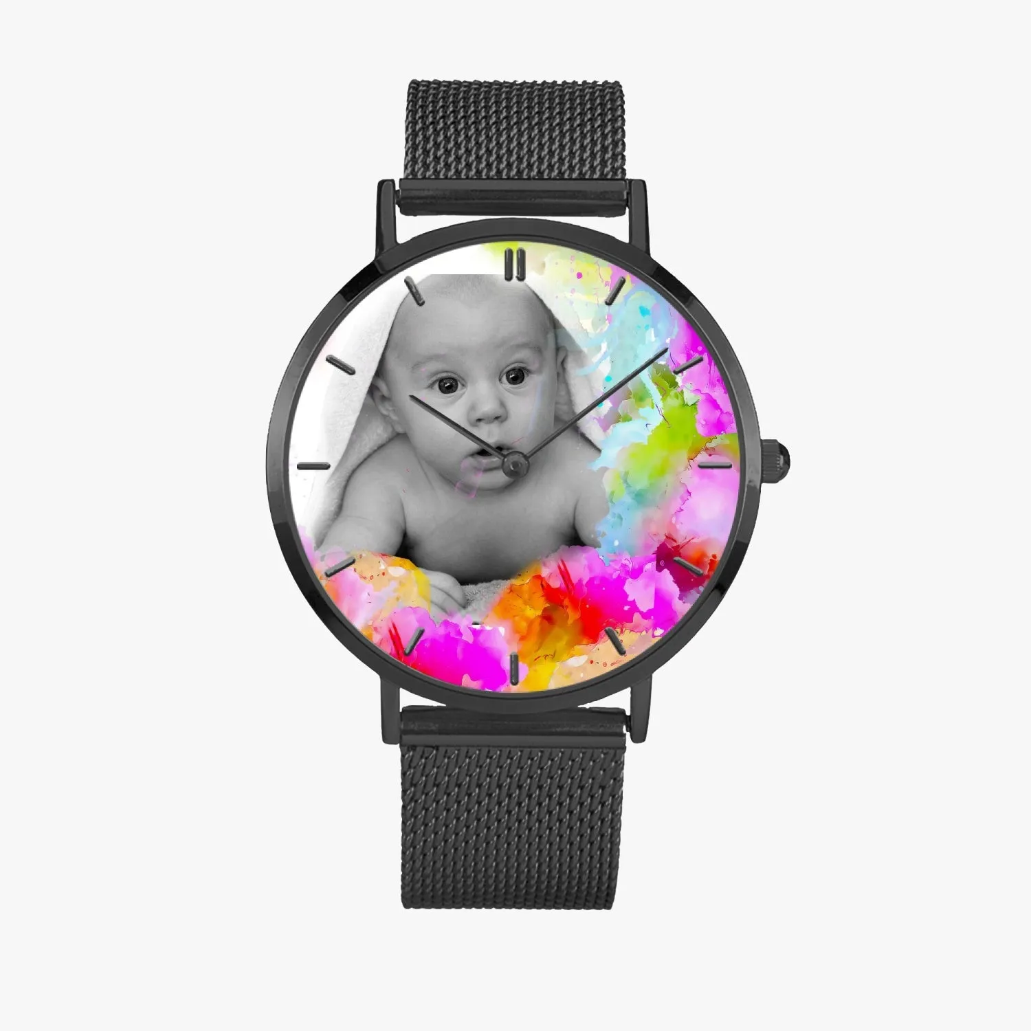 SAMPLE Baby image on colorful background. In 3 Sizes. Fashion Ultra-thin Stainless Steel Quartz Watch (With Indicators)