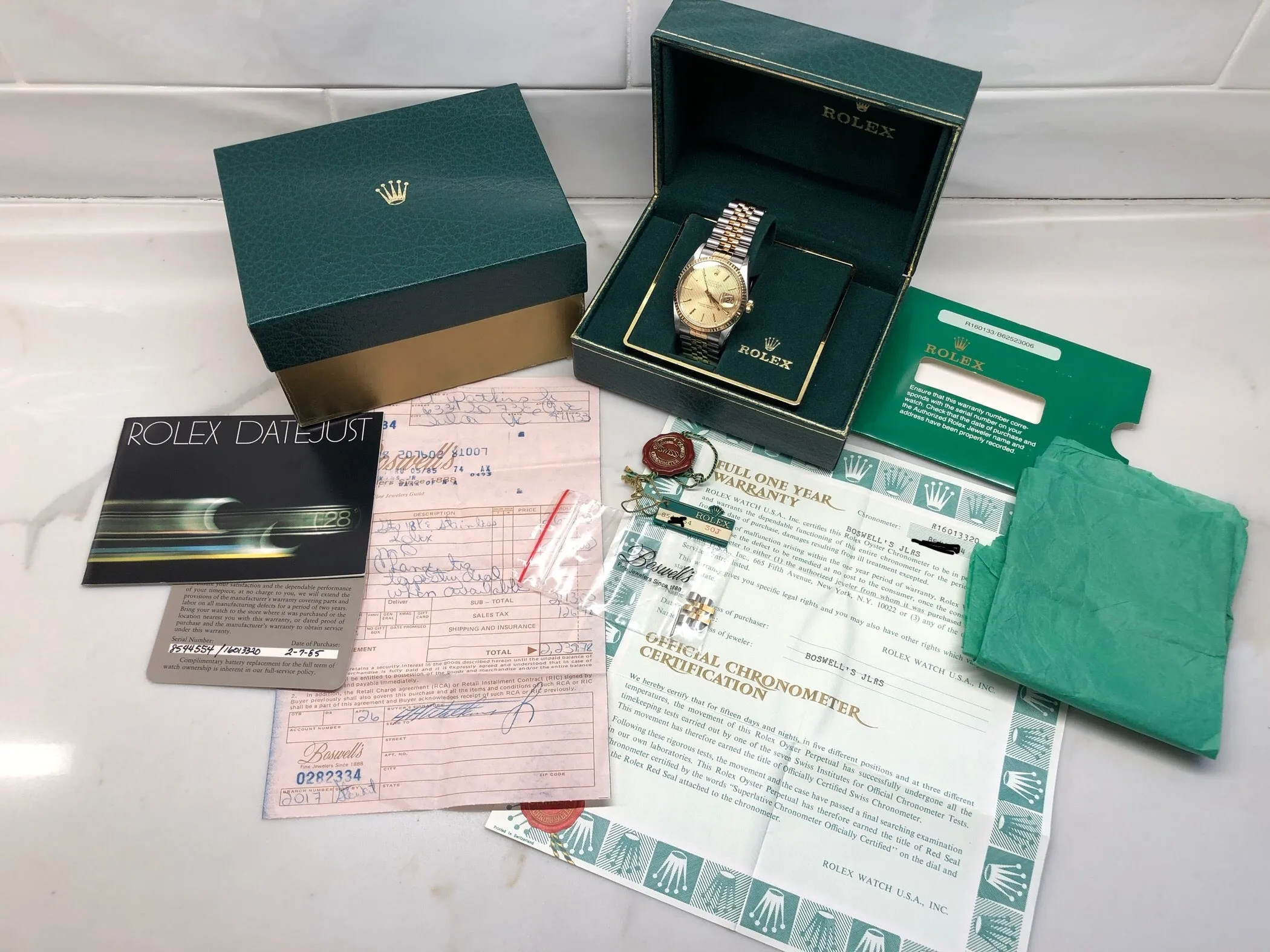 Vintage Rolex Datejust 16013 Champagne Tapestry Cal. 3035 Oyster Perpetual Two Tone Steel Gold Wristwatch Box & Papers Circa 1985