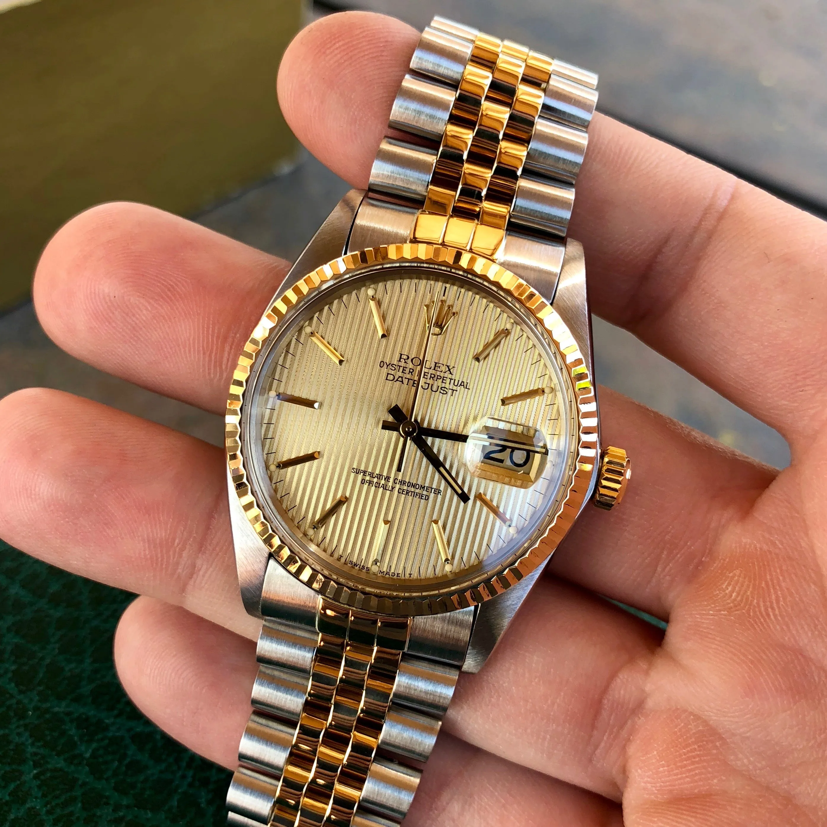 Vintage Rolex Datejust 16013 Champagne Tapestry Cal. 3035 Oyster Perpetual Two Tone Steel Gold Wristwatch Box & Papers Circa 1985